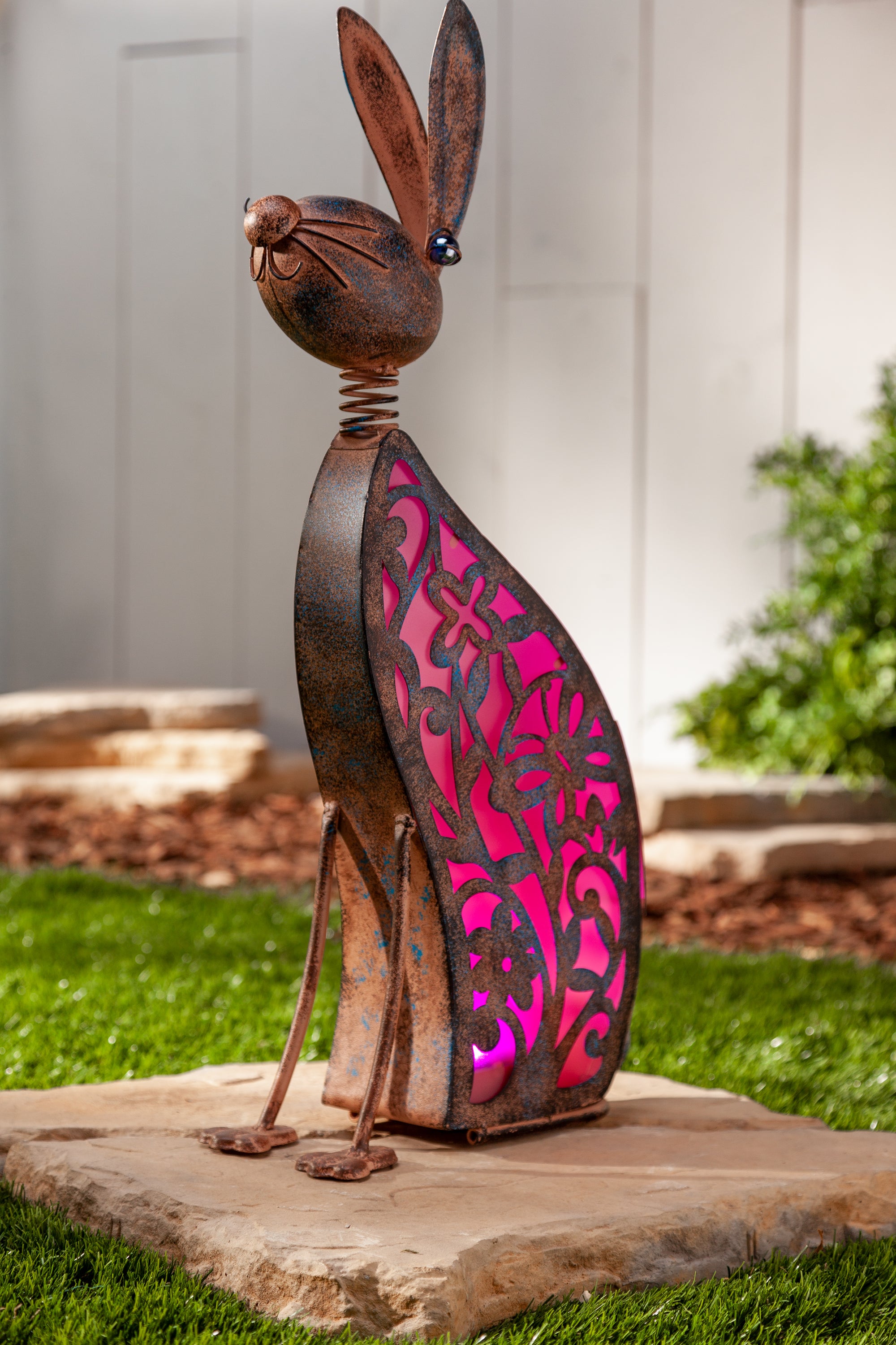 23.03 Inch Pink Outdoor Solar Lighted Metal Rabbit